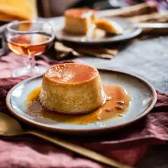 Un délicieux dessert croate recette, un flan caramélisé, servi sur une assiette avec une cuillère dorée et un verre de liqueur ambrée.
