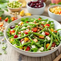 Salade colorée de haricots verts, tomates cerises, dés de mangue et fromage blanc émietté, parsemée de pignons. Un délice frais et léger.