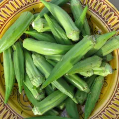 Gombos frais, prêts pour une délicieuse recette libanaise. Ces légumes verts vibrants sont disposés dans un plat décoratif.