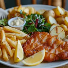 Délicieuse recette carpe frite à la bière, servie avec frites croustillantes, pommes de terre rôties, salade et sauce tartare.