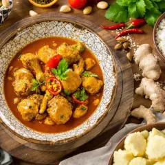 Un plat de poulet moambe savoureux, garni de tomates et de persil, servi avec du riz blanc et des accompagnements.