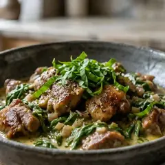 Un plat réconfortant de chevreau à l'oseille, mijoté dans une sauce crémeuse et garni d'herbes fraîches.