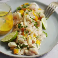 Délicieux ceviche de lieu noir frais, garni de mangue, coriandre et citron vert, servi avec une vinaigrette citronnée.