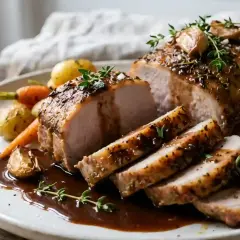 Carré de porc rôti, sauce brune, thym et ail, servi avec des carottes et pommes de terre. Une recette de carré de porc à l'ancienne qui met l'eau à la bouche.