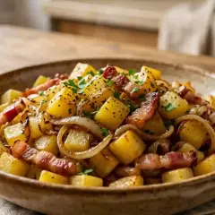 Un plat appétissant de recette maouche aux pommes de terre, oignons et lardons, garni de persil frais.