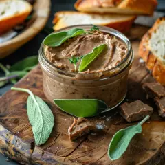 Pâté de sanglier artisanal dans un bocal, garni de sauge. Le dosage sel et poivre pour pâté de sanglier est parfait. Servi avec des tranches de pain grillé.