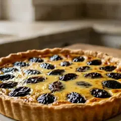 Tarte aux pruneaux et crème pâtissière, un délice doré aux fruits moelleux.