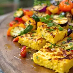 Carrés de polenta snackée, grillés et dorés, servis avec des légumes méditerranéens rôtis sur un plateau en bois.