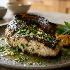 Un délicieux filet de poisson grillé, garni d'ail et de persil, baignant dans une sauce citronnée. Une inspiration pour votre prochaine recette murene.