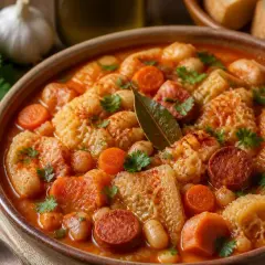 Un plat de chanfana portugal mijoté avec des tripes, des haricots blancs, des carottes et du chorizo, garni de persil frais.