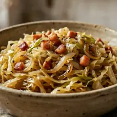 Un bol de chou polonais kapusta, un plat réconfortant avec des morceaux de lard fumé et des oignons caramélisés.