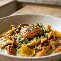Un plat de champignons des bois, dont des oronges, en sauce crémeuse, parsemé de persil. Une recette simple et savoureuse.