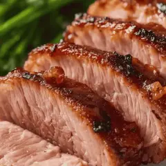 Tranches de magret de canard cru mariné, la viande est rosée et la peau caramélisée, accompagnée de légumes verts.