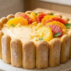 Charlotte aux agrumes, un délice crémeux entouré de biscuits à la cuillère, couronné de quartiers d'orange et de pamplemousse rose.
