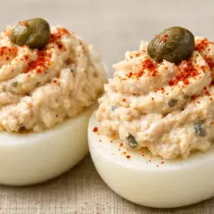 Deux moitiés d'œufs durs garnies d'une généreuse mousse de thon avec des câpres et saupoudrées de paprika.