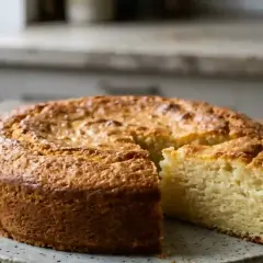 Un gâteau doré, une part coupée, prêt à être dégusté. Une recette de jonchée facile à réaliser pour un dessert parfait.