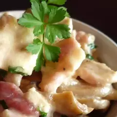 Un plat crémeux de fricassée de poulet pour tous les jours, garni de persil frais.