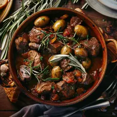 Un savoureux ragout corse mijote dans une cocotte en terre cuite, garni d'olives et de romarin. Du pain croustillant et un verre de vin rouge complètent ce plat réconfortant.