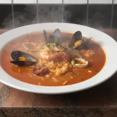 Une délicieuse soupe au riz grand-mère fumante, garnie de crevettes, moules, calamars et chorizo.