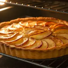 Une tarte fine aux pommes caramélisées dore dans le four, ses bords ondulés et ses fines tranches de pommes brillent sous la lumière chaude.