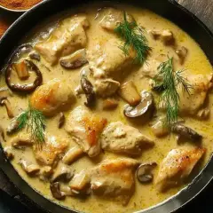 Délicieuse fricassée de sot l'y laisse aux champignons, garnie d'aneth frais. Un plat réconfortant et savoureux.