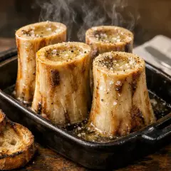 Quatre os à moelle à la poêle, fumants et assaisonnés, servis avec des toasts grillés.
