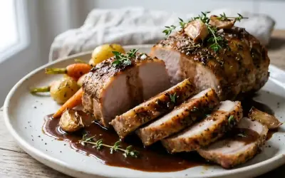 Carré de porc rôti, sauce brune, thym et ail, servi avec des carottes et pommes de terre. Une recette de carré de porc à l'ancienne qui met l'eau à la bouche.