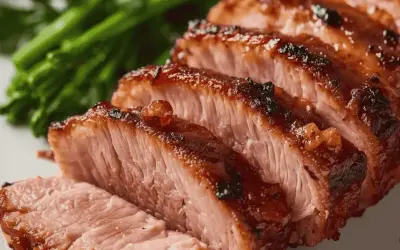 Tranches de magret de canard cru mariné, la viande est rosée et la peau caramélisée, accompagnée de légumes verts.