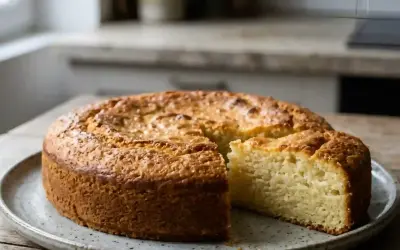 Un gâteau doré, une part coupée, prêt à être dégusté. Une recette de jonchée facile à réaliser pour un dessert parfait.