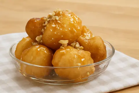 Des boules au miel dorées et croustillantes, garnies de noix concassées, servies dans un bol en verre sur une serviette à carreaux.