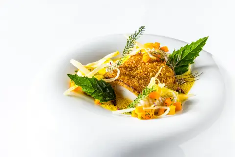 Un plat de silure pané, servi avec des dés de courge, des herbes fraîches et une sauce légère. Une belle présentation pour une recette de silure au court bouillon.