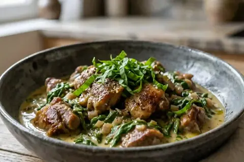 Un plat réconfortant de chevreau à l'oseille, mijoté dans une sauce crémeuse et garni d'herbes fraîches.
