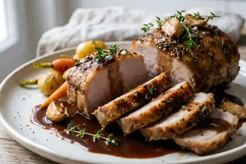 Carré de porc rôti, sauce brune, thym et ail, servi avec des carottes et pommes de terre. Une recette de carré de porc à l'ancienne qui met l'eau à la bouche.