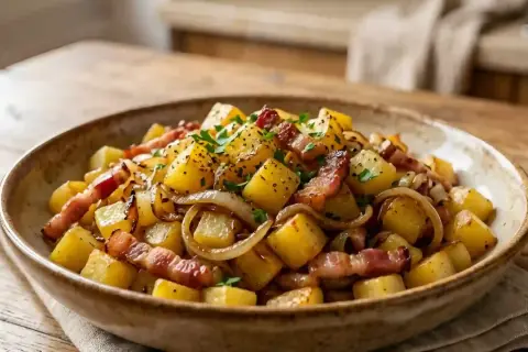 Un plat appétissant de recette maouche aux pommes de terre, oignons et lardons, garni de persil frais.