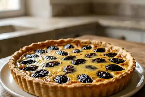 Tarte aux pruneaux et crème pâtissière, un délice doré aux fruits moelleux.