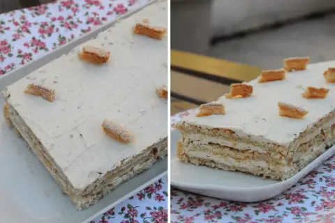Gâteau Castel, une pâtisserie aux origines mystérieuses, est ici présenté avec sa crème onctueuse et ses décorations croquantes.
