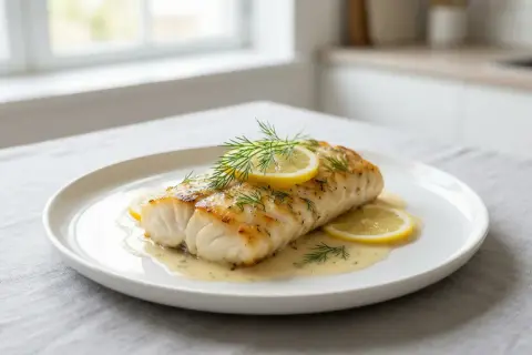 Délicieux filet de cabillaud surgelé au four, nappé de sauce et garni de citron et d'aneth. Une recette simple et savoureuse.