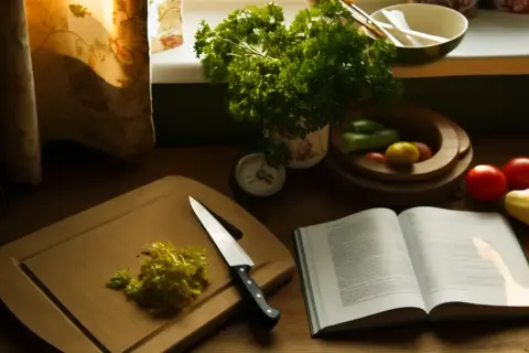 Sur une planche à découper, du persil jauni est prêt à être utilisé. Une recette ouverte et des légumes attendent. Peut-on manger du persil jauni ?