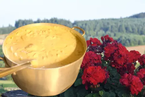 Un grand plat doré rempli d'une préparation crémeuse, évoquant la recette du patia, est posé à côté de fleurs rouges éclatantes, avec un paysage verdoyant en arrière-plan.