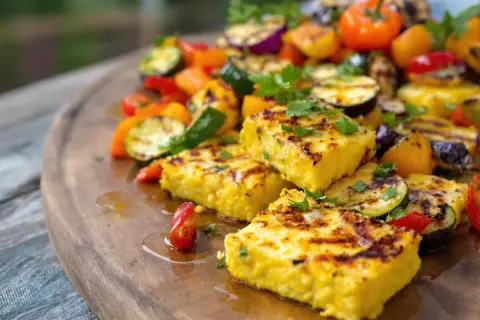 Carrés de polenta snackée, grillés et dorés, servis avec des légumes méditerranéens rôtis sur un plateau en bois.