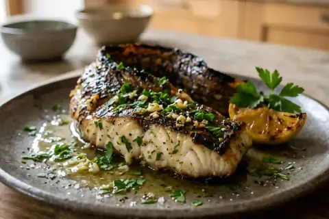 Un délicieux filet de poisson grillé, garni d'ail et de persil, baignant dans une sauce citronnée. Une inspiration pour votre prochaine recette murene.