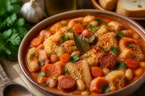 Un plat de chanfana portugal mijoté avec des tripes, des haricots blancs, des carottes et du chorizo, garni de persil frais.
