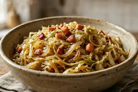 Un bol de chou polonais kapusta, un plat réconfortant avec des morceaux de lard fumé et des oignons caramélisés.