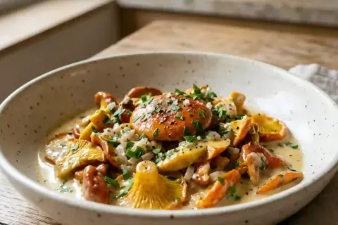 Un plat de champignons des bois, dont des oronges, en sauce crémeuse, parsemé de persil. Une recette simple et savoureuse.
