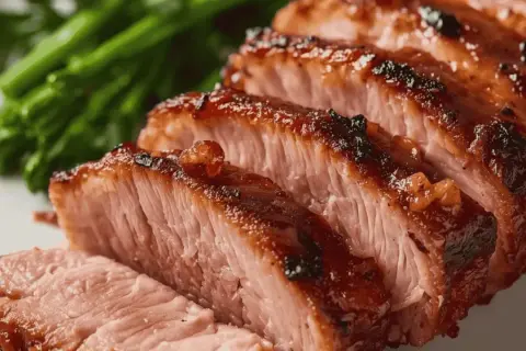 Tranches de magret de canard cru mariné, la viande est rosée et la peau caramélisée, accompagnée de légumes verts.
