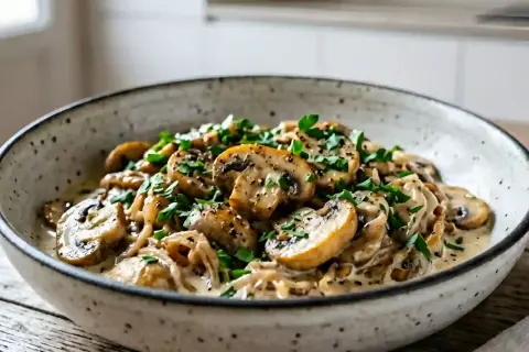 Un plat de champignons à la crème, parsemé de persil frais et de poivre noir. Une délicieuse recette oronges à la crème.