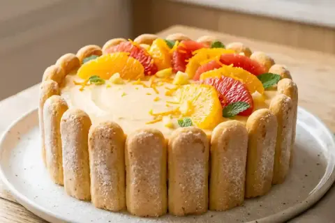 Charlotte aux agrumes, un délice crémeux entouré de biscuits à la cuillère, couronné de quartiers d'orange et de pamplemousse rose.