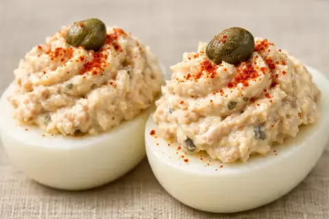 Deux moitiés d'œufs durs garnies d'une généreuse mousse de thon avec des câpres et saupoudrées de paprika.