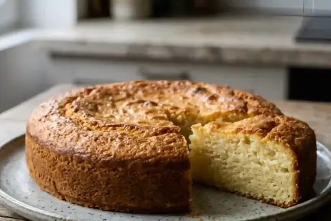 Un gâteau doré, une part coupée, prêt à être dégusté. Une recette de jonchée facile à réaliser pour un dessert parfait.