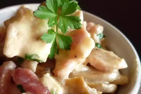 Un plat crémeux de fricassée de poulet pour tous les jours, garni de persil frais.